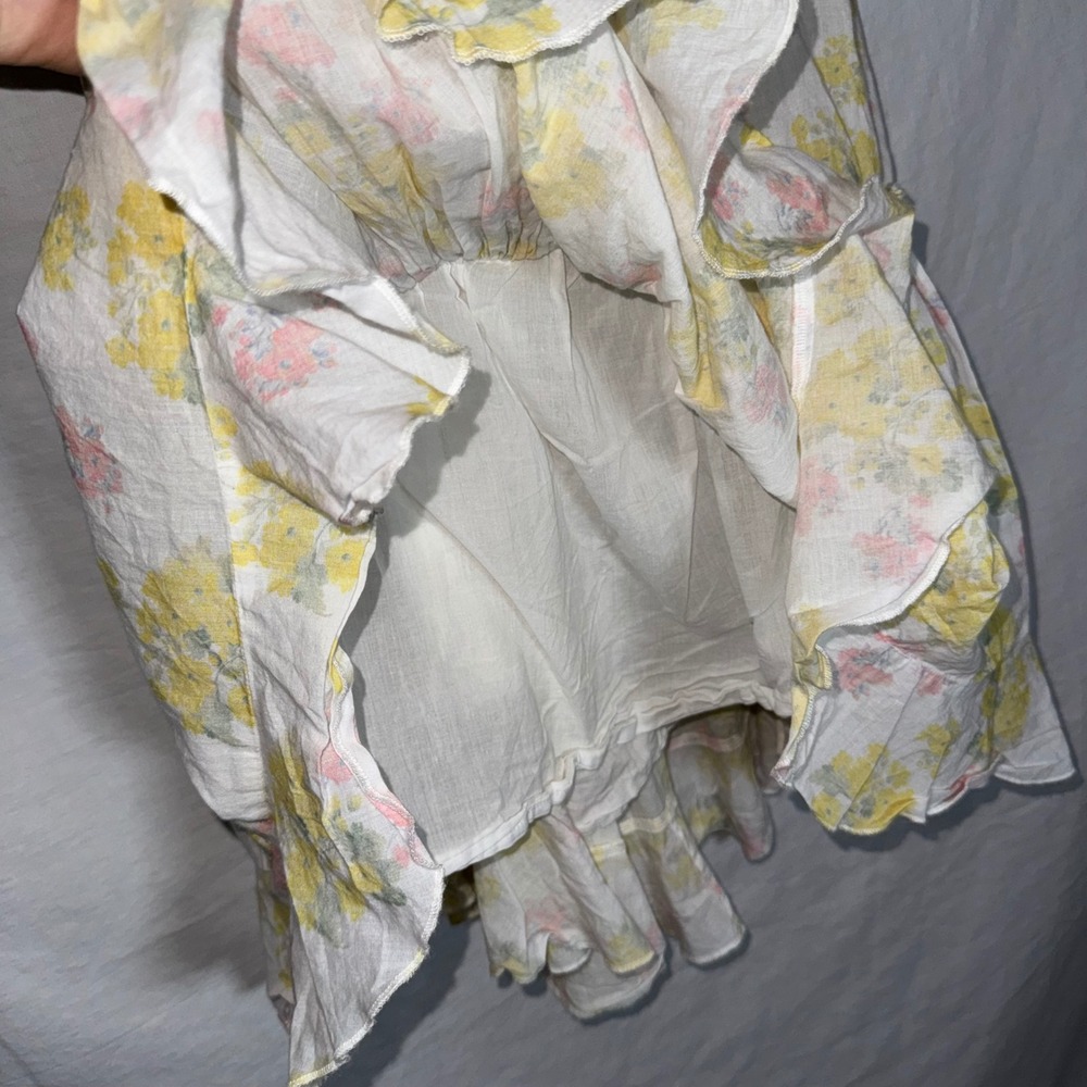 LoveShackFancy Yellow Floral Cotton Tiered Mini Dress Ruffle Straps Size Small - Picture 8 of 9